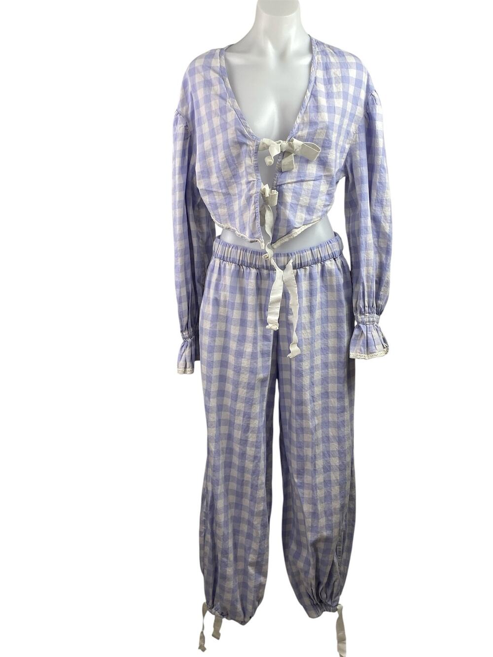 Out From Under Charlotte Bow Purple Chekered Plaid Blouse & Trouser Pants Set S